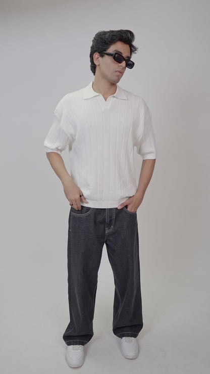White Striped Knitted Polo T-Shirt