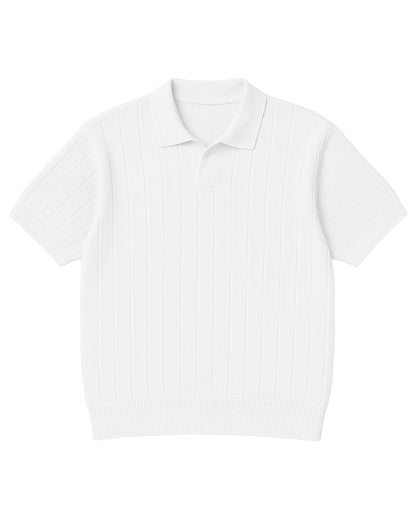 White Striped Knit Polo T-Shirt
